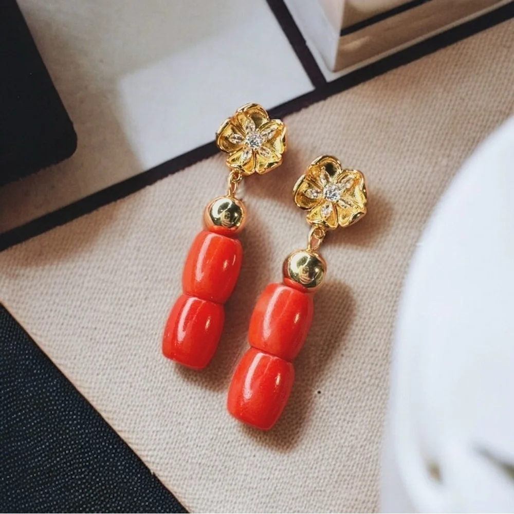 NEW Yellow Gold Blooming Flower Gold Hematite & Red-Orange Natural Coral Earring